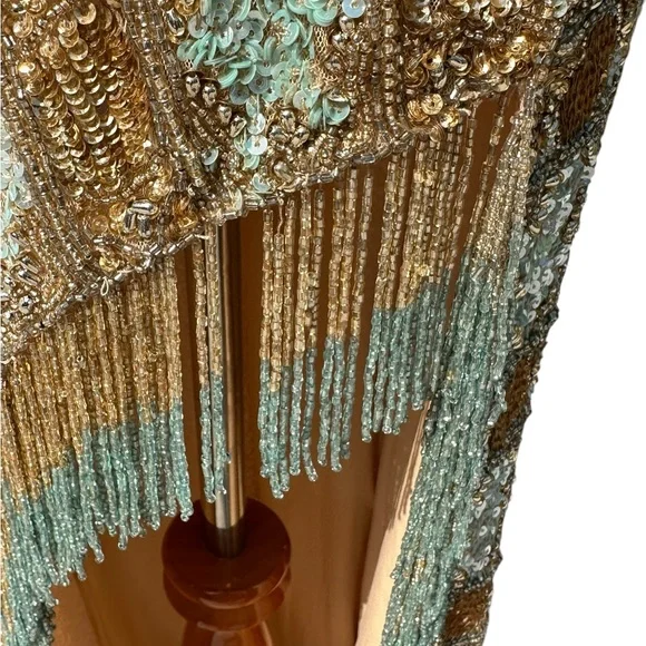 Rare hard to find Sherri Hill 54140 Gold Aqua Beaded Backless Prom Evening Gown